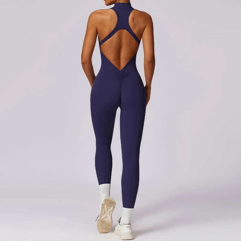 V Back One-piece Suit Women Sports Jumpsuit  Zippers