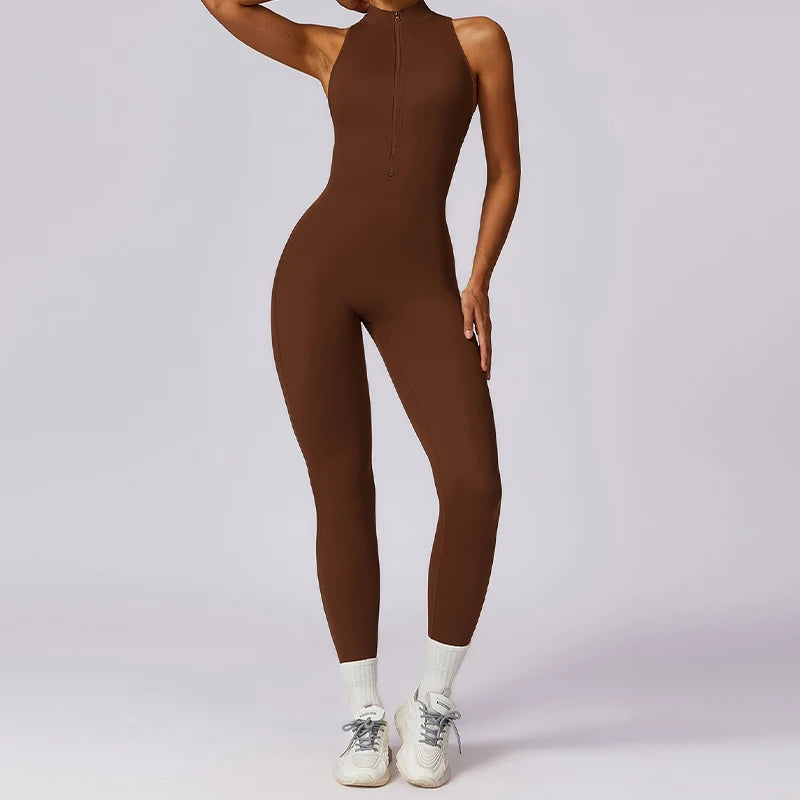 V Back One-piece Suit Women Sports Jumpsuit  Zippers