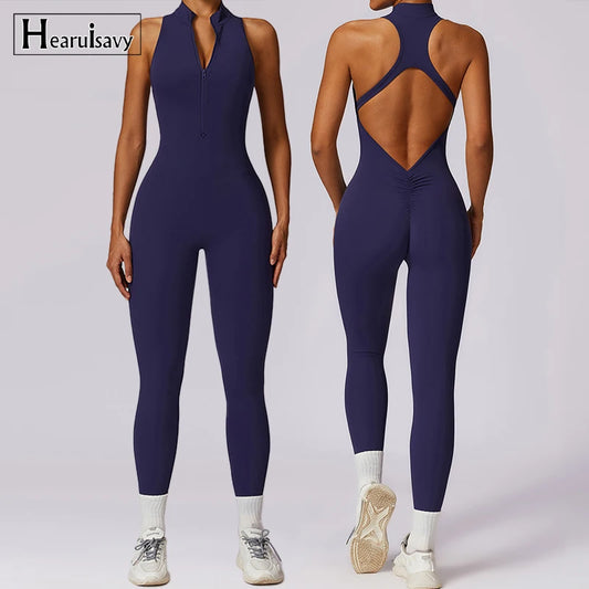 V Back One-piece Suit Women Sports Jumpsuit  Zippers