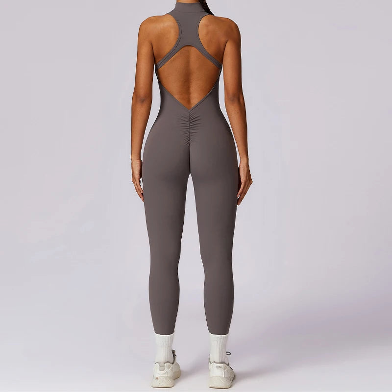 V Back One-piece Suit Women Sports Jumpsuit  Zippers